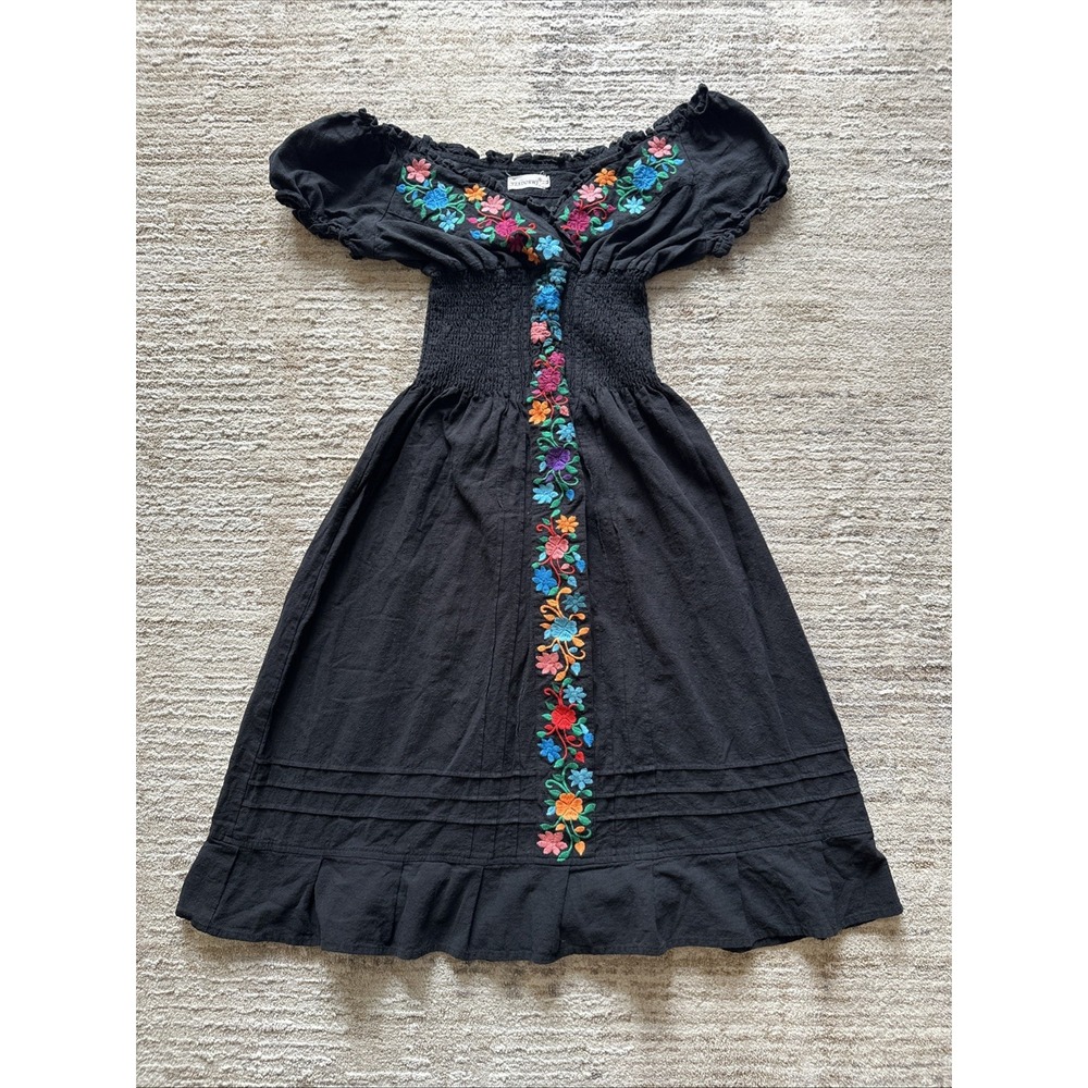 YZXDORWJ Midi Dress Womens Medium Black Floral Embroidered Smocked Boho Cotton